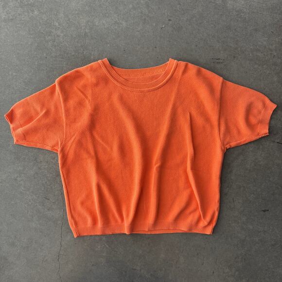 Vintage Y2k Ribbed Knit Orange Women's Short Sleeve Blouse Medium - Picture 1 of 4